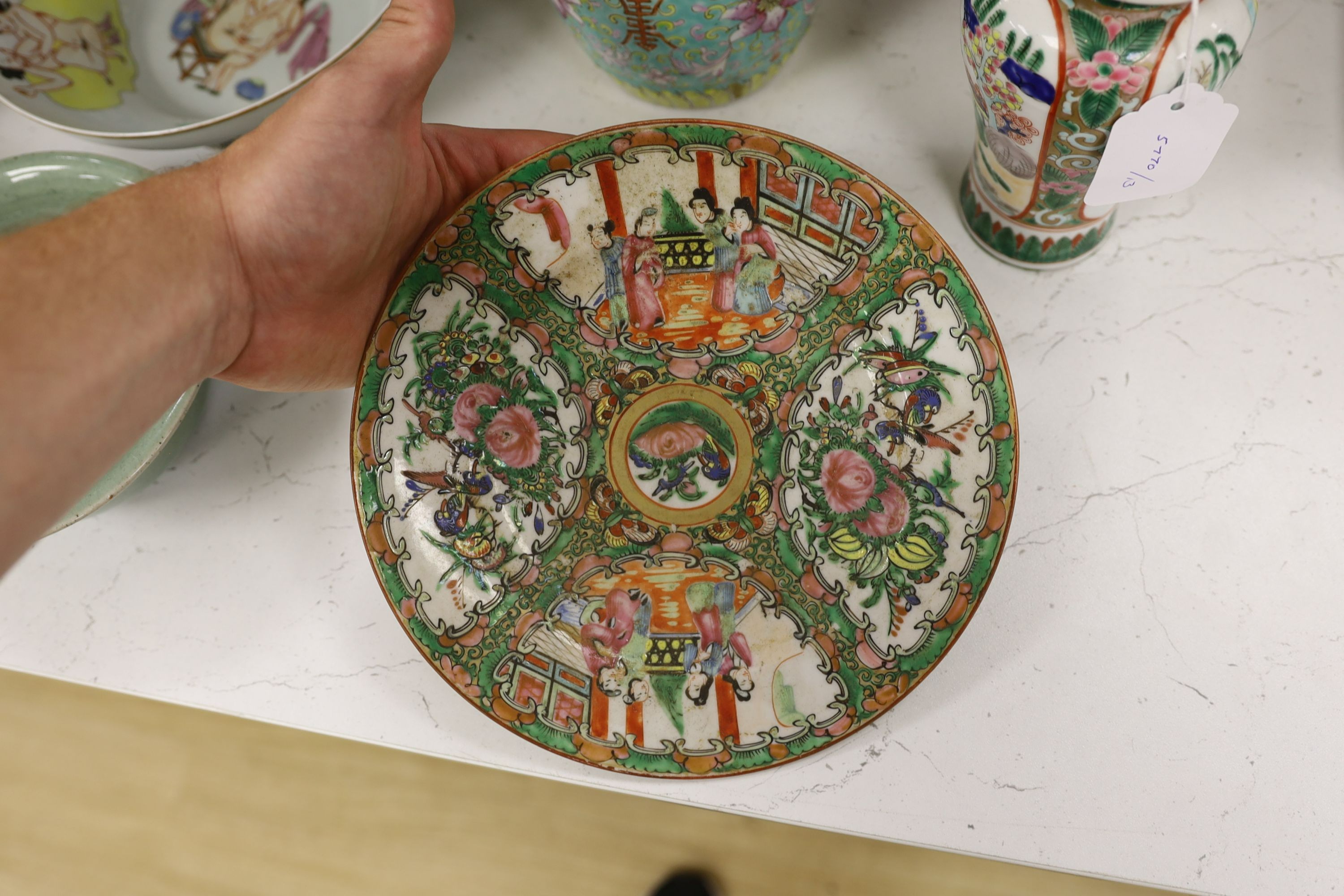 A Chinese famille charger, three vases and a plate, together with other Chinese and Japanese ceramics (13 items), Charger 48 cms diameter